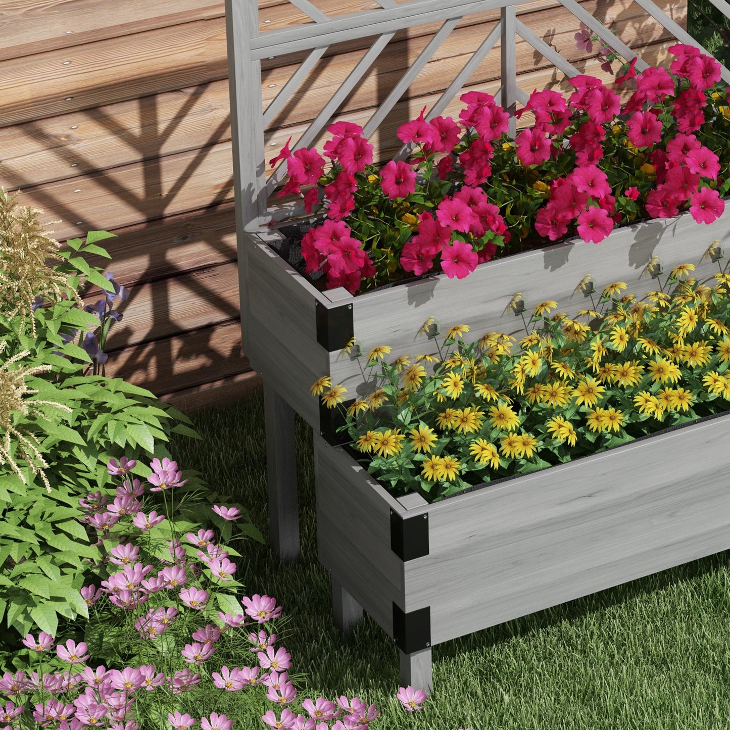 2-Tier Wooden Raised Garden Bed with Trellis Gray 1185x395x275mm