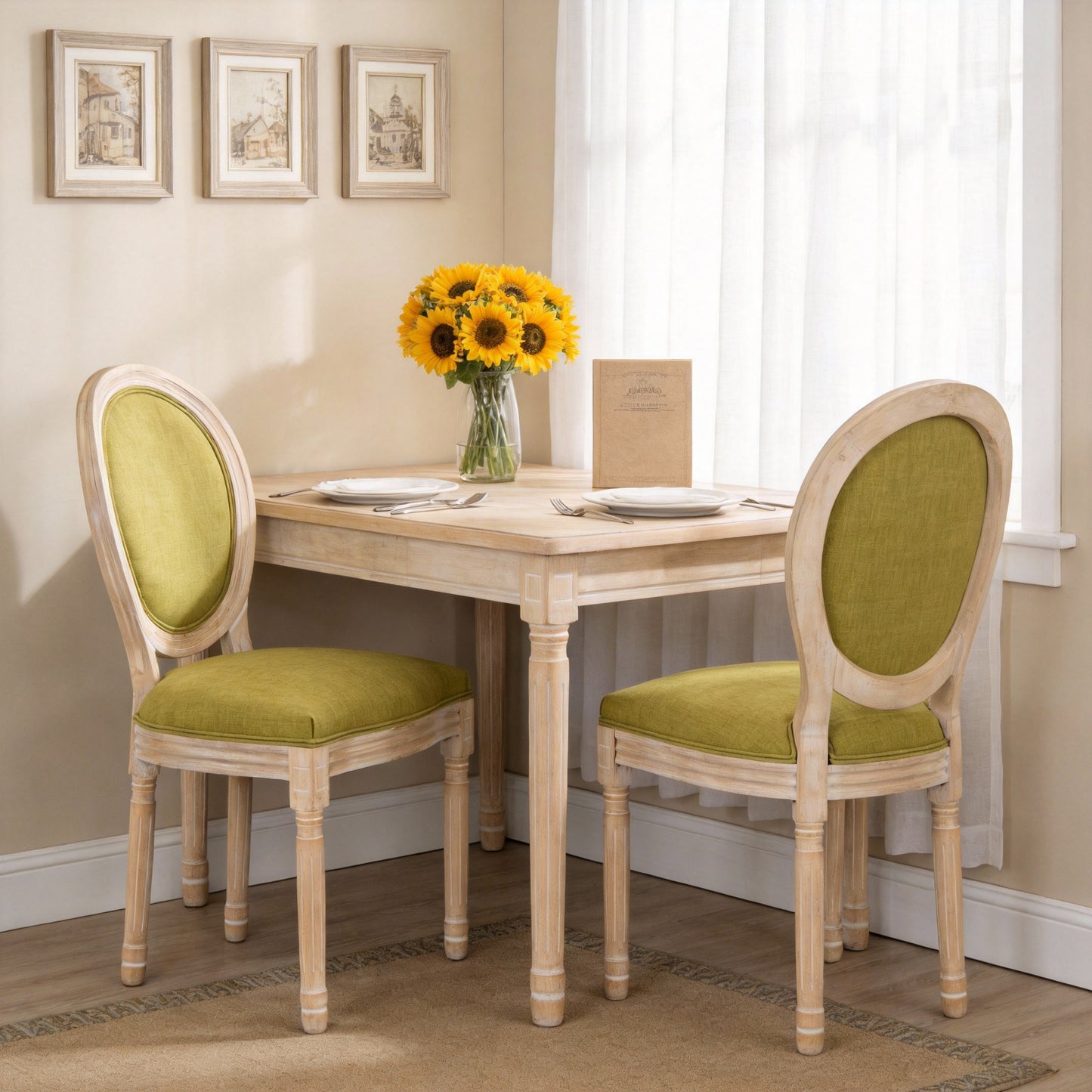French Country Dining Chairs Set of 2 - Upholstered Green