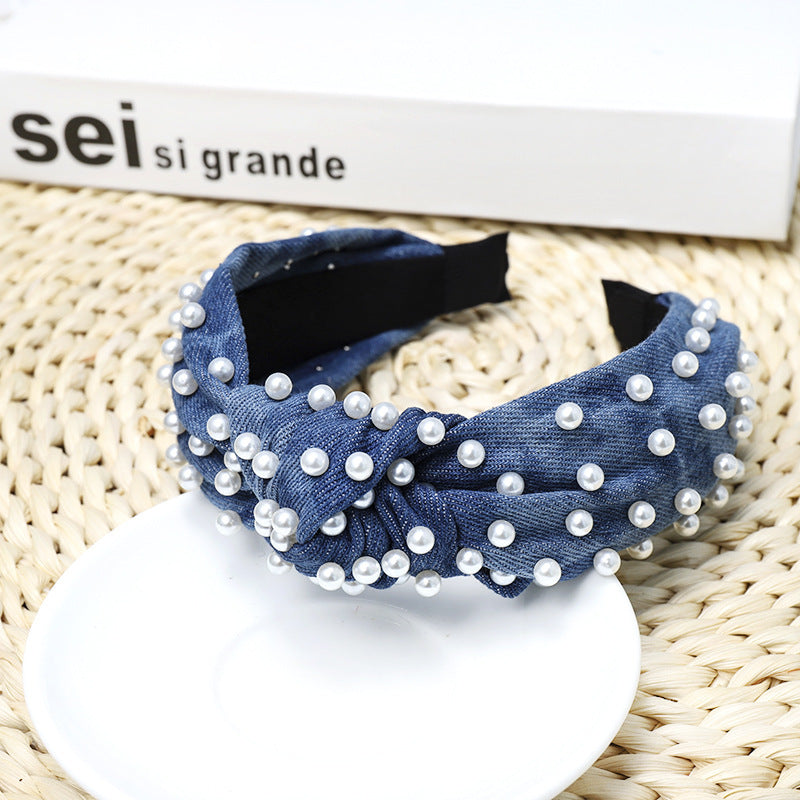 Denim Pearl Knot Headband for Women