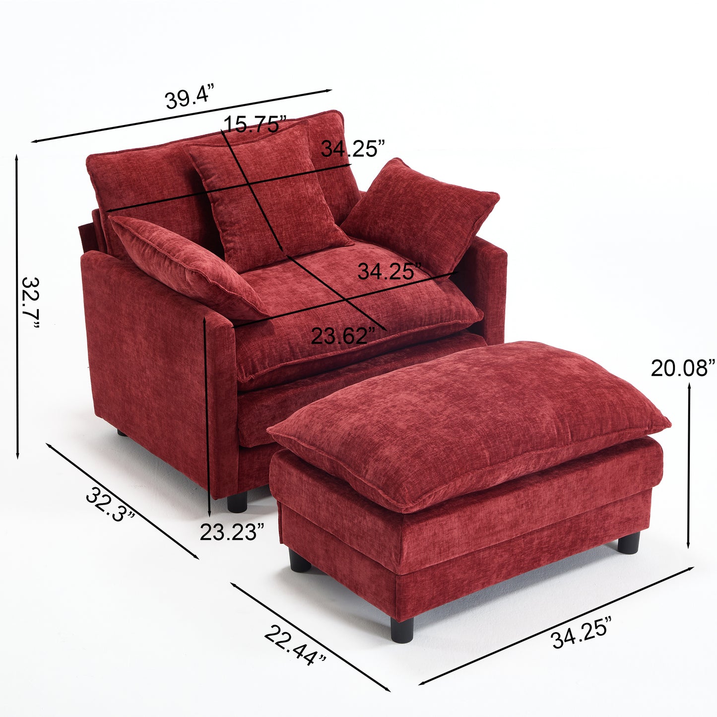 Modern Accent Chair with Ottoman - Wine Red Chenille Upholstery