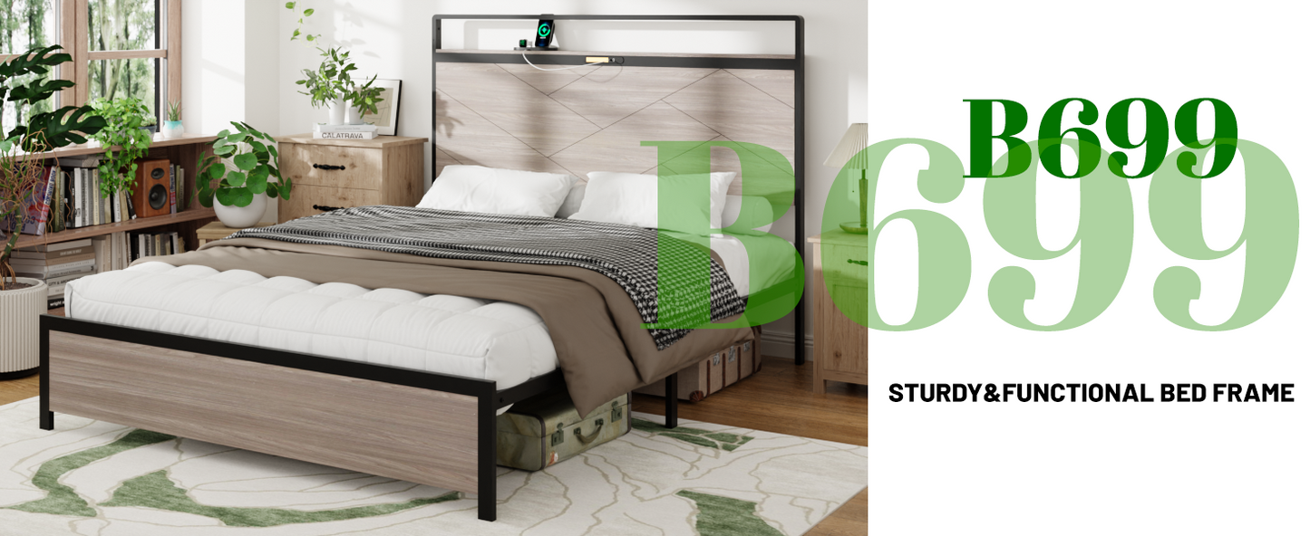Full Metal Bed Frame with LED Headboard & USB Charging - Antique Gray