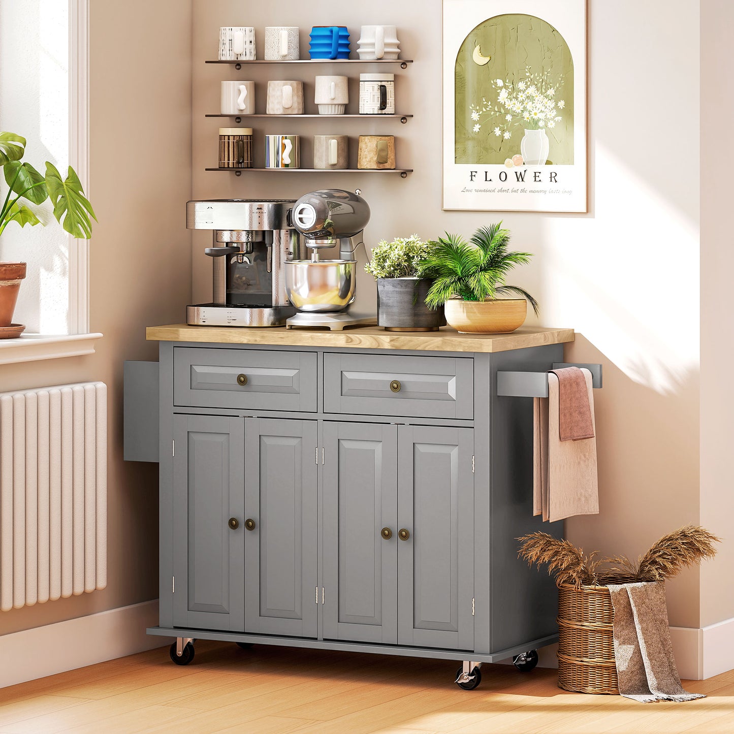 Rolling Kitchen Island Cart with Drawers & Spice Rack - Gray