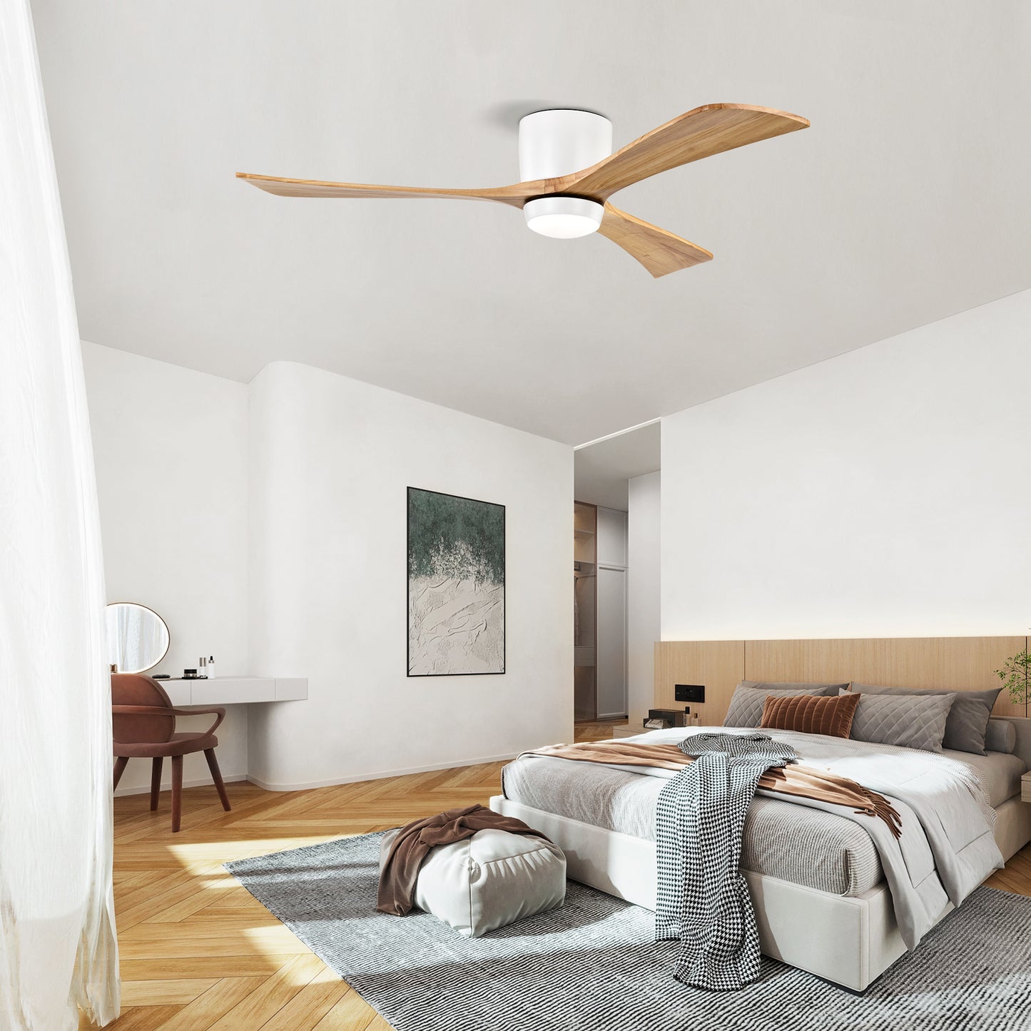 52" Flush Mount Ceiling Fan with Lights & Remote Control - Matte White Natural