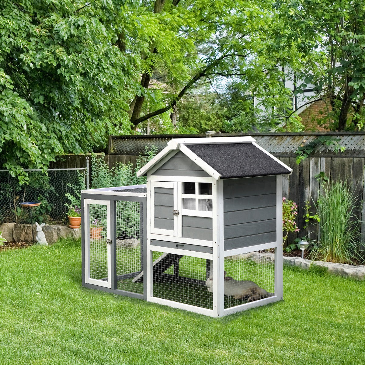 Weatherproof Wooden Rabbit Hutch with Outdoor Run & Slanted Asphalt Roof - Gray