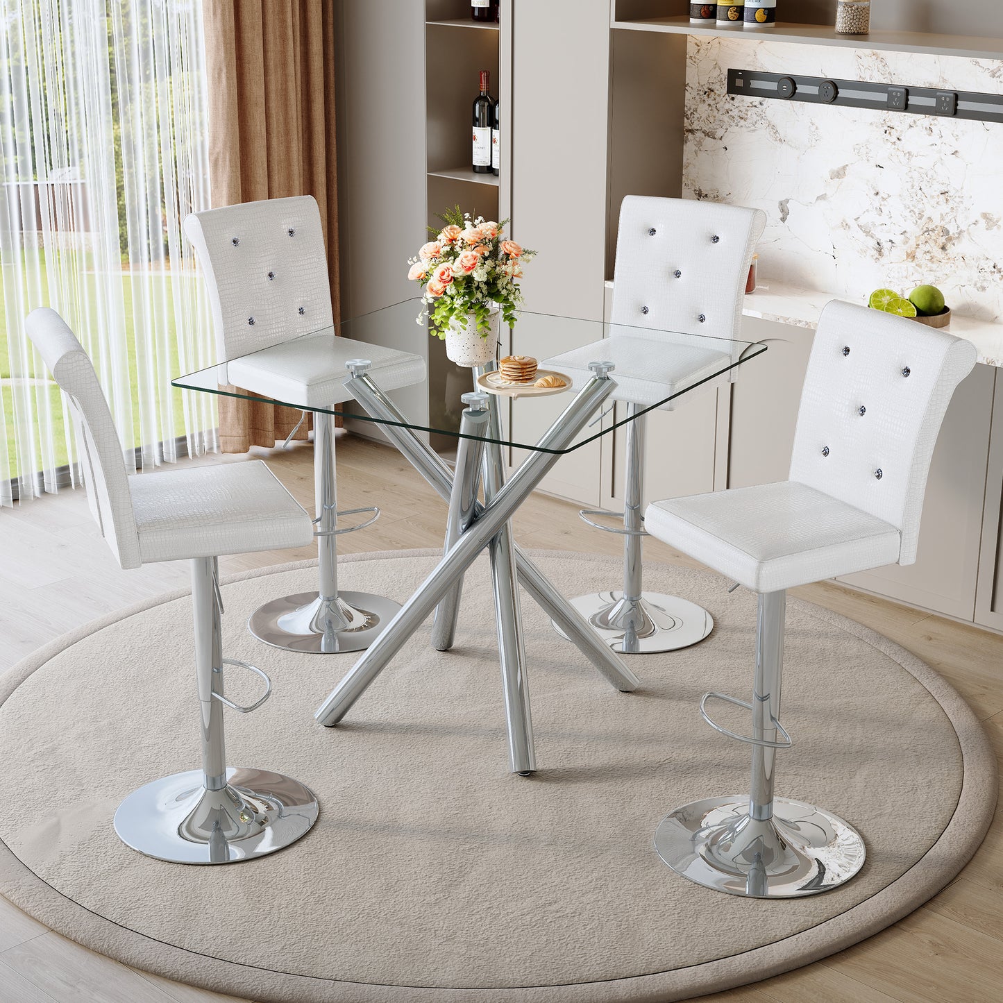 Modern Glass Bar Table And Adjustable Stools Set Of 2, Contemporary