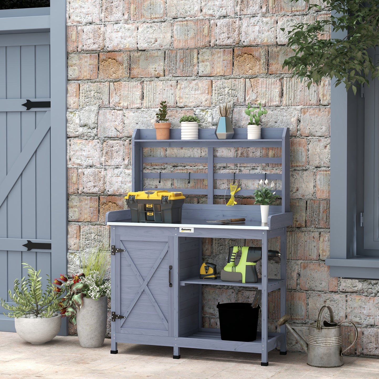 Wooden Potting Bench with Storage and Aluminum Tabletop for Garden, Patio, Balcony - Gray