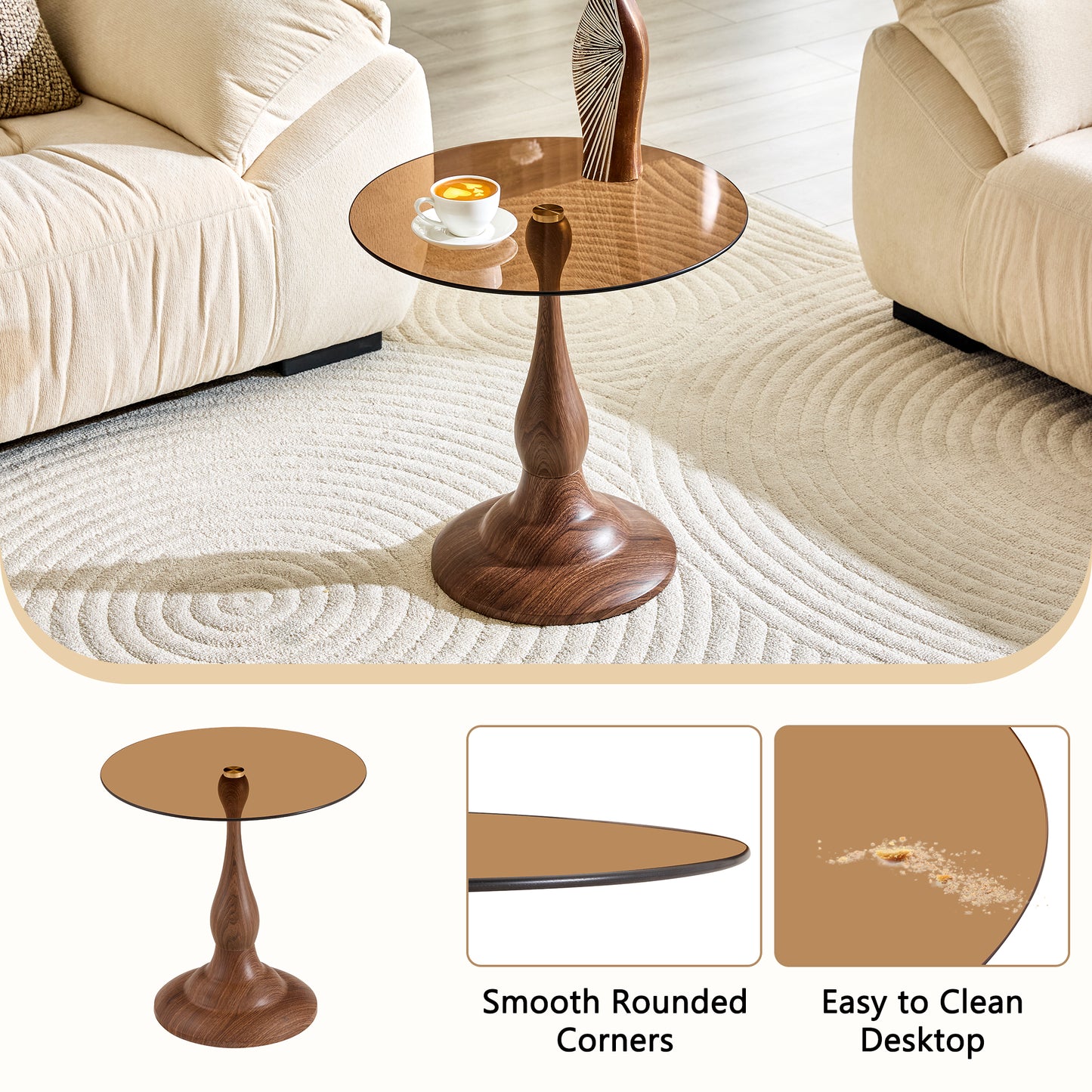 Small Round Metal Side Table with Glass Top - Walnut Finish
