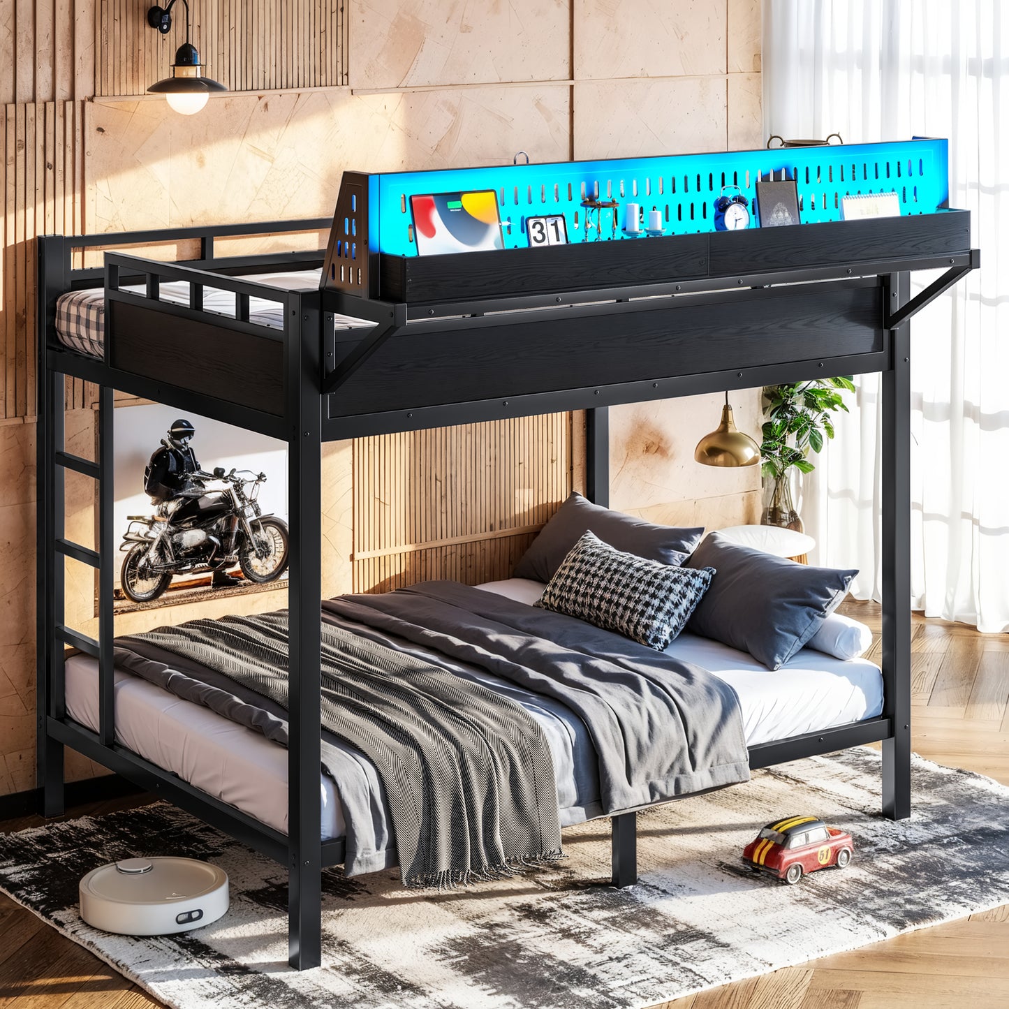 Full Over Full Metal Bunk Bed with Storage Shelves & USB Ports - Black