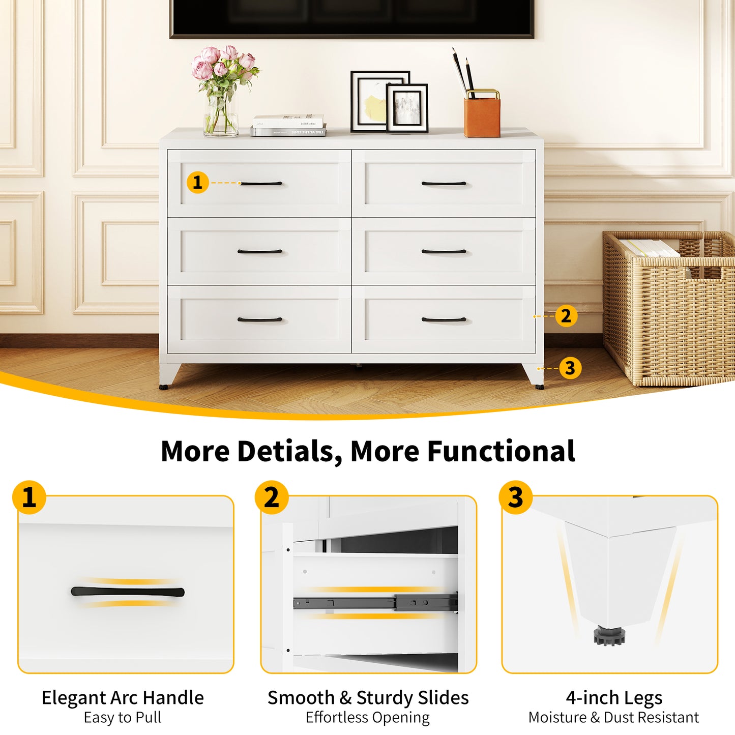 6 Drawer Dresser For Bedroom, Modern Metal Storage Chest With