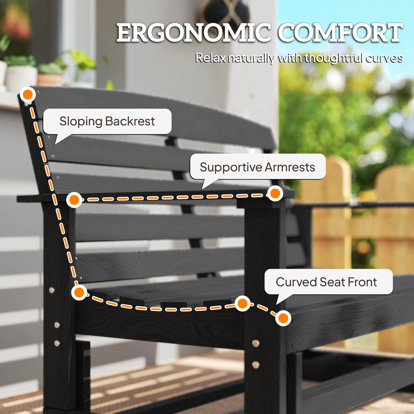 Patio Glider Bench - HDPE Slatted Double Rocking Chair, Distressed Black