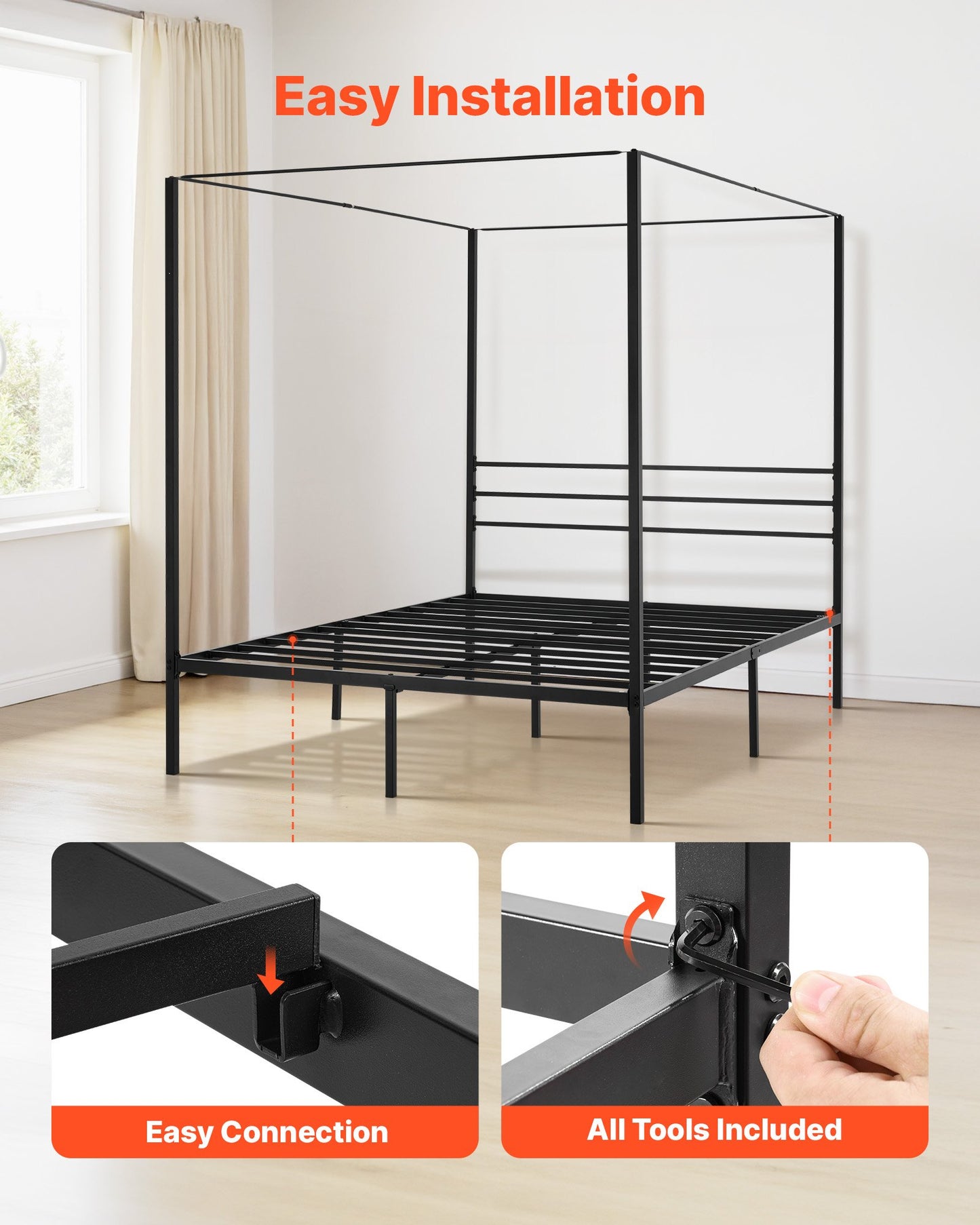 Queen Size Metal Canopy Bed Frame with Four Posters, Heavy Duty Steel Slats, Underbed Storage, Easy Assembly, Black