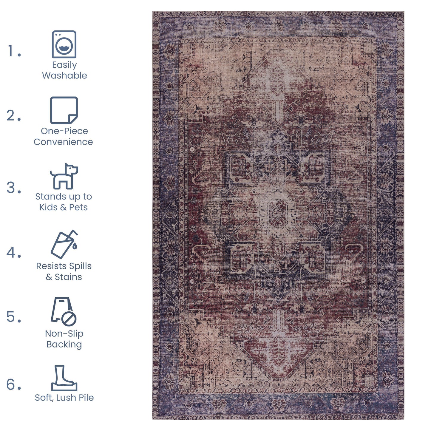 MAVAL Burgundy Washable Rug 2' X 3' Doormat Burgundy,