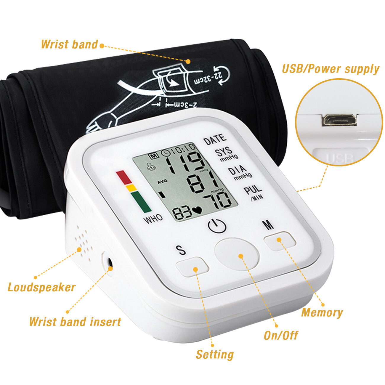 Automatic Upper Arm Blood Pressure Monitor with Voice Guidance & Backlit Screen