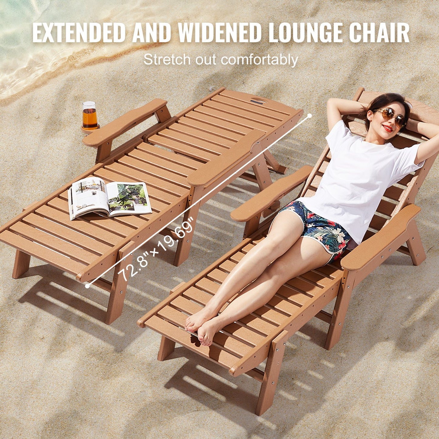 Adjustable 6-Position Outdoor Chaise Lounge Chair Waterproof & Heavy Duty Brown