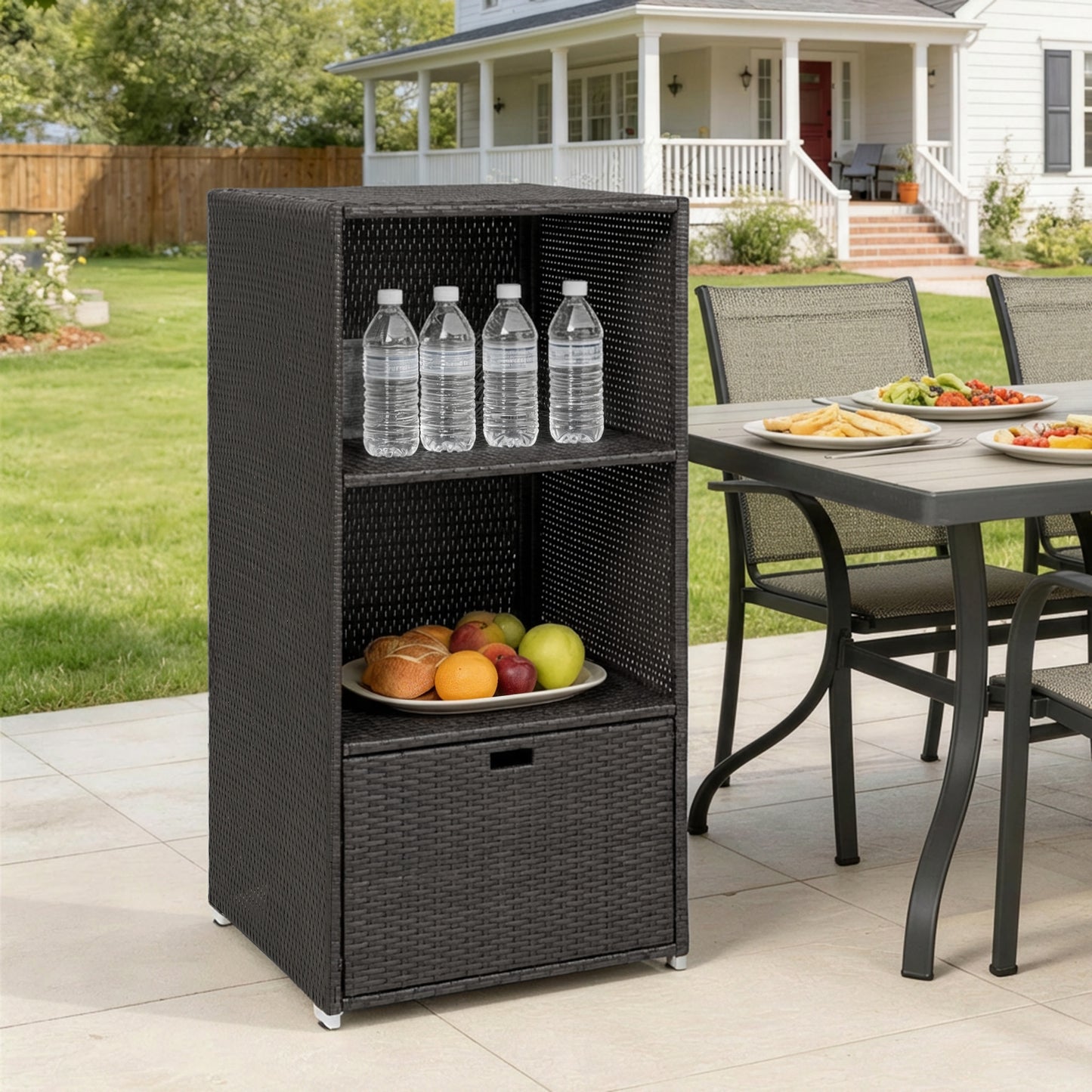 Water-Resistant Pool Towel Rack with 2 Shelves and Basket Drawer