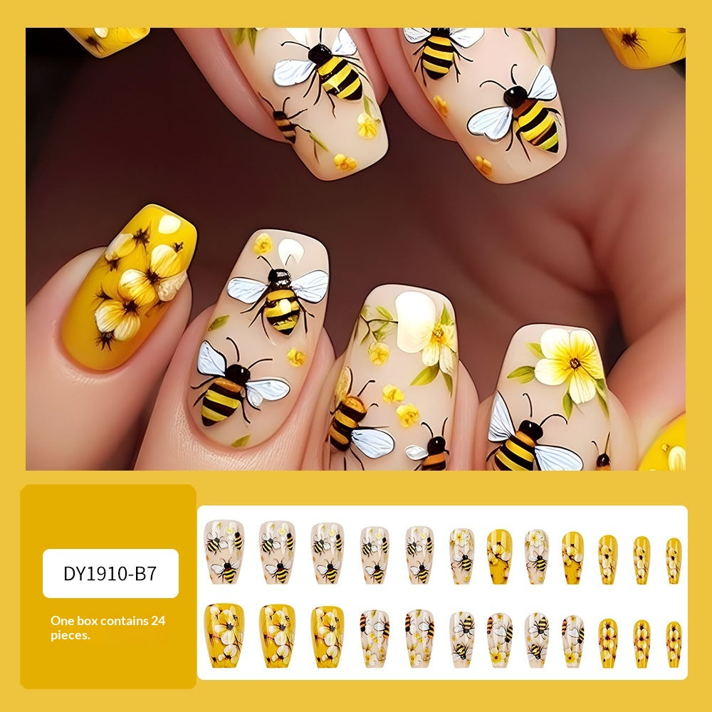 24-Piece Long Coffin-Shaped Fake Nail Set with Flower and Bee Designs