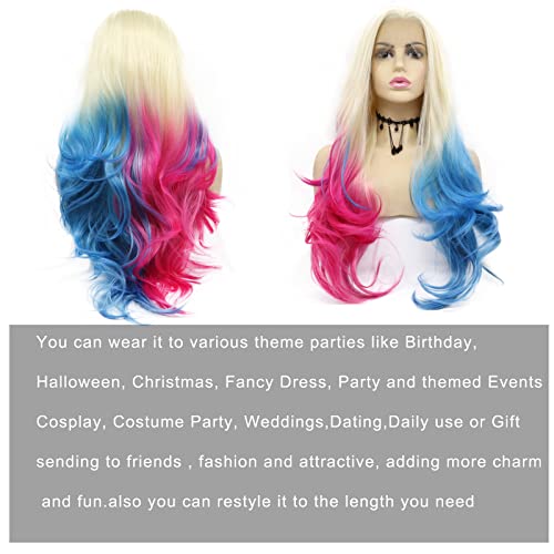 Long Pink Blue Wigs for Women Curly Wavy Blonde Ombre Lace Front Wig Mermaid Real Hair Wigs Natural Hairline Half Pink Blue Colorful Wig Glueless Synthetic Heat Resistant Fiber Cosplay Drag 26Inch