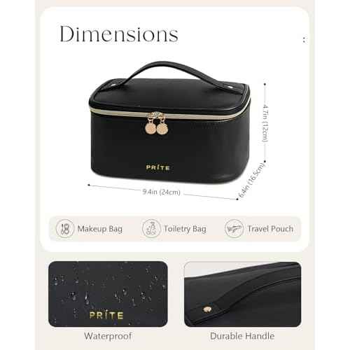 Prite Makeup Bag Portable Cosmetic Organizer with Brush Holder Waterproof Travel Toiletry Bag for Women with Handle and Divider (Black)