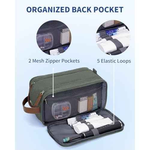 WANDF Toiletry Bag for Men Travel Toiletry Organizer Canvas and Leather Dopp Kit Water-Resistant Shaving Bag for Travel Accessories (Green, Large)