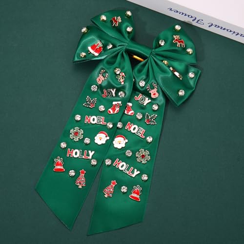 Christmas Hair Bow Clip Christmas Snowflake Tree Reindeer Santa Claus Crystal Embellished Hair Bow Barrettes Xmas Winter Holiday Big Bow Hairpin Accessories Gift (green Christmas bow)