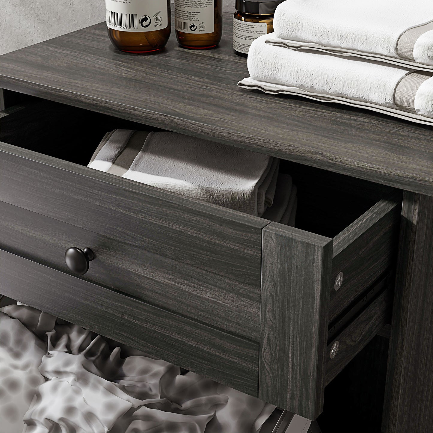 Tilt-Out Trash Bin Cabinet with Drawer - Charcoal Gray Storage