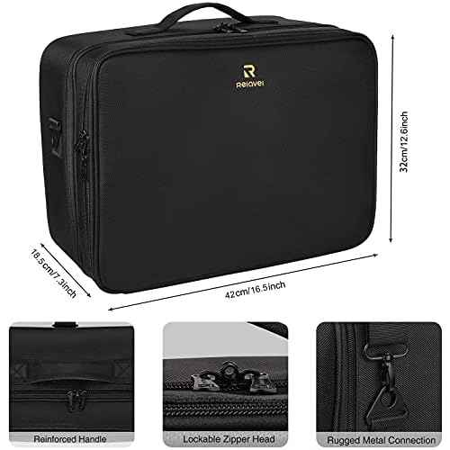 Relavel Extra Large Makeup Case Travel Makeup Train Case Professional Makeup Artist Bag Portable Nail Organizer Box Art Supply Case with Adjustable Dividers/Attach to Trolley/Shoulder Strap (Black)