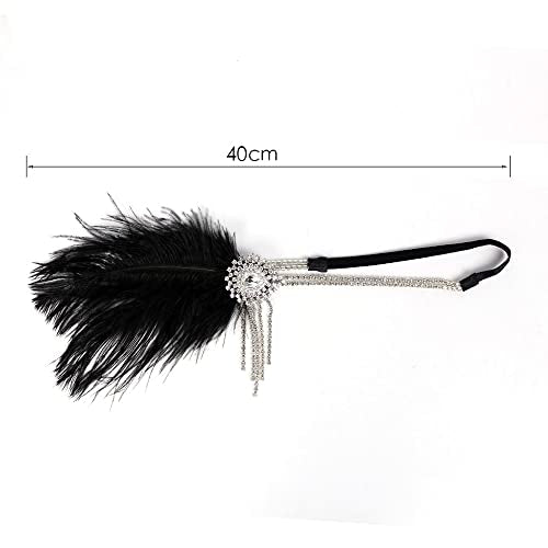 Flapper Headbands for Women 1920s Feather Headpiece Great Gatsby Roaring 20s Hair Accessories Crystal Elastic Rhinestone (Black)