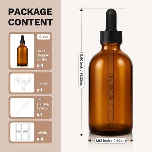 Bumobum Dropper Bottle, 4 oz Amber Glass Dropper Bottle with Measured Dropper, Empty Eye Tincture Bottles with Funnel, Pipette & Labels for Essential Hair Oils Serums, 4 Pack