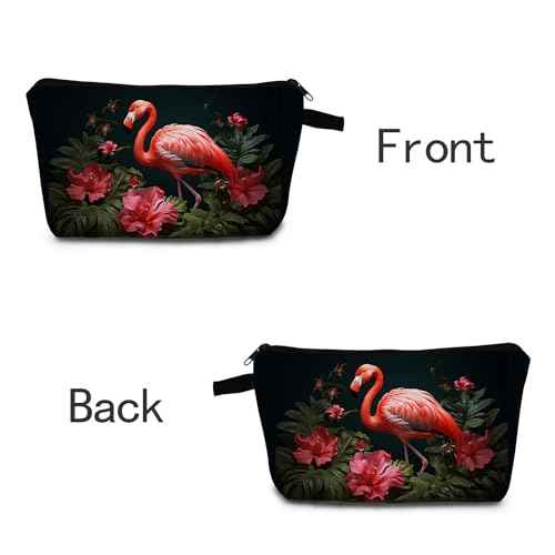 Flamingo & Red Flowers Cosmetic Bag Tropical Printed Design Makeup Organizer Vibrant Beach Vacation & Daily Travel Essential Unique Gift Idea for Summer Parties/Birthdays