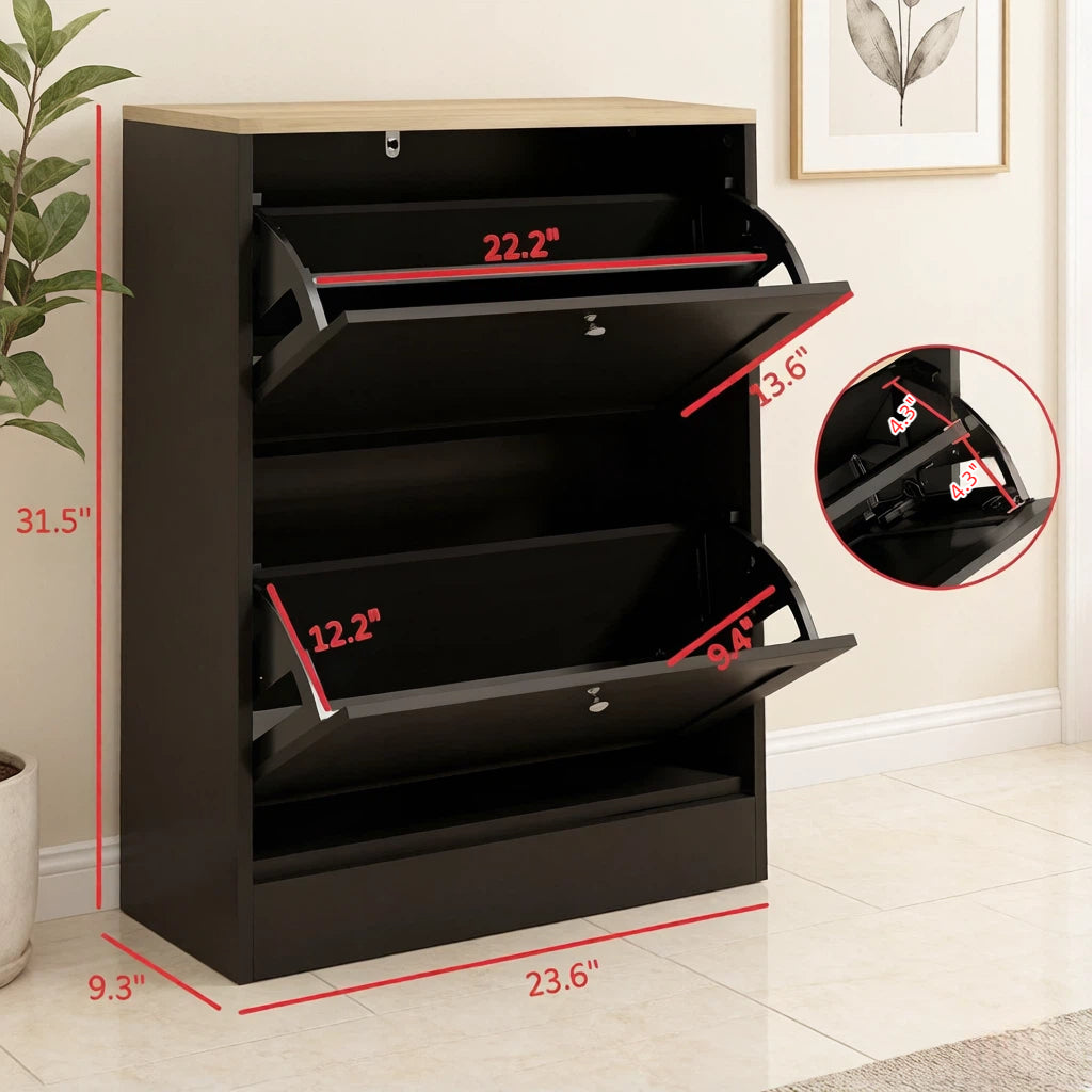 Narrow Shoe Cabinet with Adjustable Shelves - Black & Light Oak