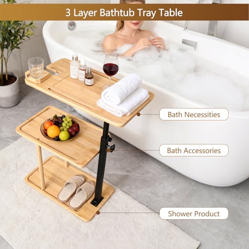 3 Layer Bathtub Tray Table,Bamboo Swivel Bathtub Side Table Height Adjustable,Freestanding Bathtub Tray for Tub Against Wall,Bathtub Accessories&Bathroom Organizer for Luxury Home Spa (Natural1)