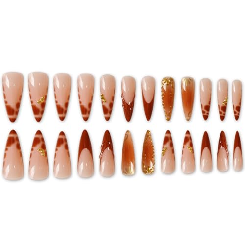 Long Stiletto Press on Nails Brown French Tip Fake Nails with 3D Gold Rhinestone Design Full Cover Glossy Glue on Nails Acrylic False Nails for Women Girls 24 Pcs (Brown-23, L-23)