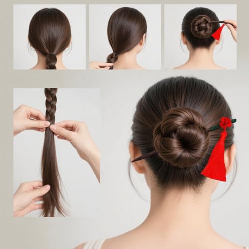 6 Pcs Chinese Hair Sticks for Women Wooden Japanese Hair Chopsticks Accessories Retro Red Cherry Clips Handmade Flower Tassel Geisha Costume for Girls Long Hair (Set A)