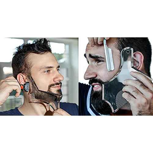 Men's Beard Shaping Tool With Inbuilt Comb Transparent Template Styling Comb Templates for Goatee Mustache Sideburns, Jaw Cheek/Neck Line, Symmetric/Curve/Step Cut (Clear-2pcs)