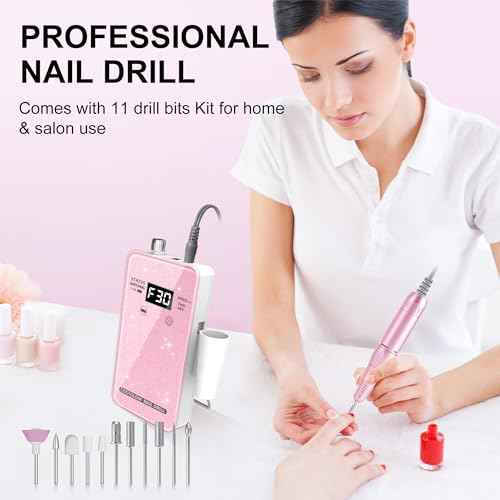 Professional Electric Nail Drill File:COSYGLOW Glitter Portable Cordless E-File Nail Drill Kit with 11 Drill Bits,30000 RPM Rechargeable Nail Drills Machine for Acrylic Nails Gel Polishing (Pink)