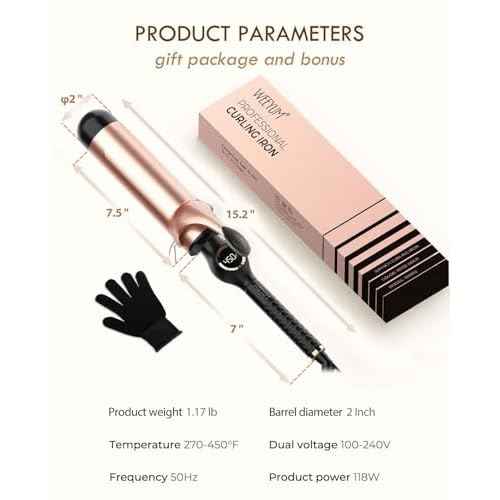 Large Curling Iron 2 Inch, Ceramic Long Barrel Hair Curling Wand, Hair Styling Tool, Dual Voltage, LCD Display, Black