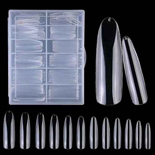 LoveOurHome 240pc XL Clear Almond Acrylic Nail Tips Full Cover Extra Long Fake Nails Oval Press on Nail Clear 12 Size False Naills for Gel Nail Extension Finernails Designs