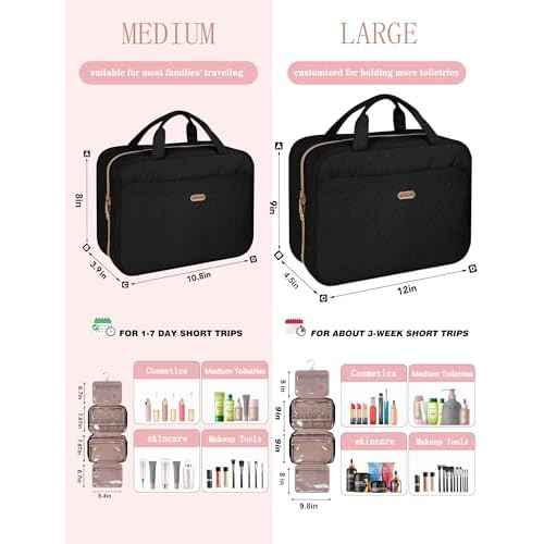 Black Toiletry Bag, Makeup Organizer, Travel Bag For Women Mens Toiletries, Waterproof with Hanging Hook, Large Capacity