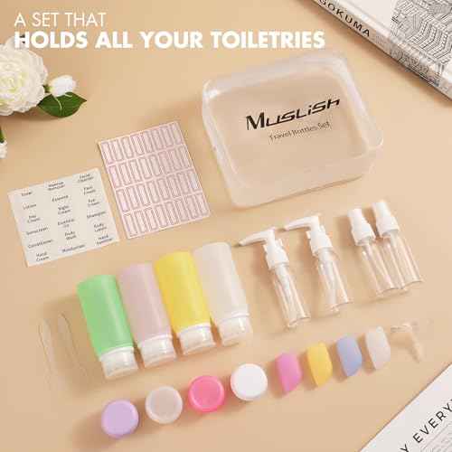 Muslish 21 Pack Leak Proof Silicone Travel Bottles Set, TSA Approved Containers for Toiletries, Travel Size Accessories and Shampoo Conditioner Bottles with Toiletry Bag (BPA Free)