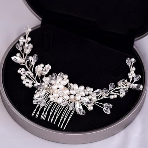 Bride Flower Pearl Wedding Hair Comb for Women and Girls,Floral Bridal Hair Piece Crystal Side Combs Wedding Party Hair Pin Accessories (Silver)