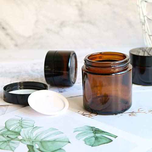 Encheng 25Pack of 4 oz Amber Round Glass Jars, with Inner Liners and black Lids,Empty Cosmetic Containers,Cream jars