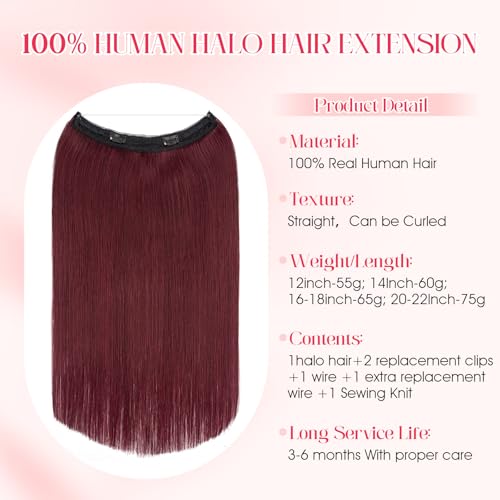 Rich Choices Halo Hair Extensions Real Human Hair Invisible Wire In Hair Extensions Remy Human Hair Clip in Human Hairpiece One Piece 18 Inch #99J Burgundy Red