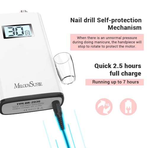 MelodySusie Entry-Level Clip-On Cordless Nail Drill, SC320H 30000RPM Popular Classic E-File with LCD Display for Manicure Shaping & Gel Removal, Perfect for Training, Nail Art Practice & Home Use