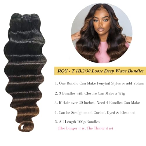 1B/2/30 Ombre Bundles With 4x4 Closure Loose Deep Wave Human Hair 12 14 16+12 Inch,10A Brazilian Hair Ombre Chestnut Brown Curly Wave Sew In Bundles and 4x4 Lace Closure