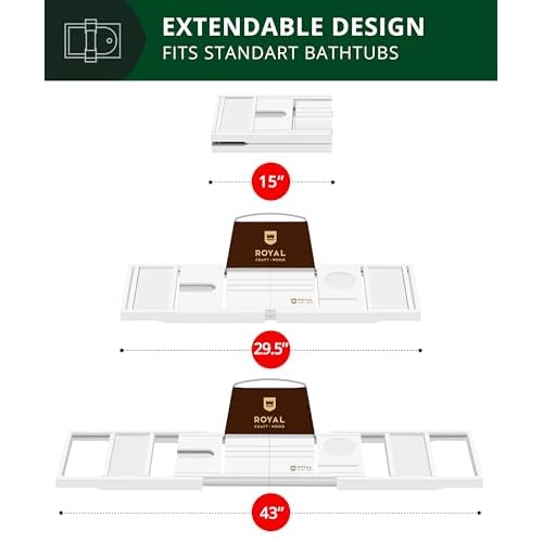 ROYAL CRAFT WOOD Premium Foldable Bathtub Tray - Wood Bath Tray for Tub, Bamboo Shelf, Expandable Bath Table Trays, Bathtub & Bathroom Accessories for New Home & Mothers Day & Birthday Gifts for Mom