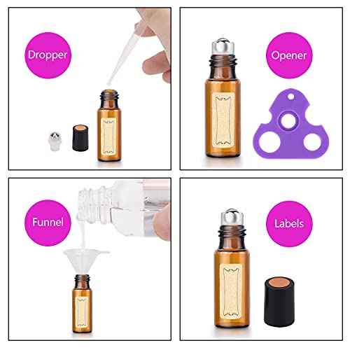 Easytle Essential Oil Roller Bottles, 24 Pack Amber Glass Balls Roller Bottles 5ml for Essential Oils, Roll on Bottle (96 Pieces Labels, 4 Funnels, 4 Dropper, 2 Opener)