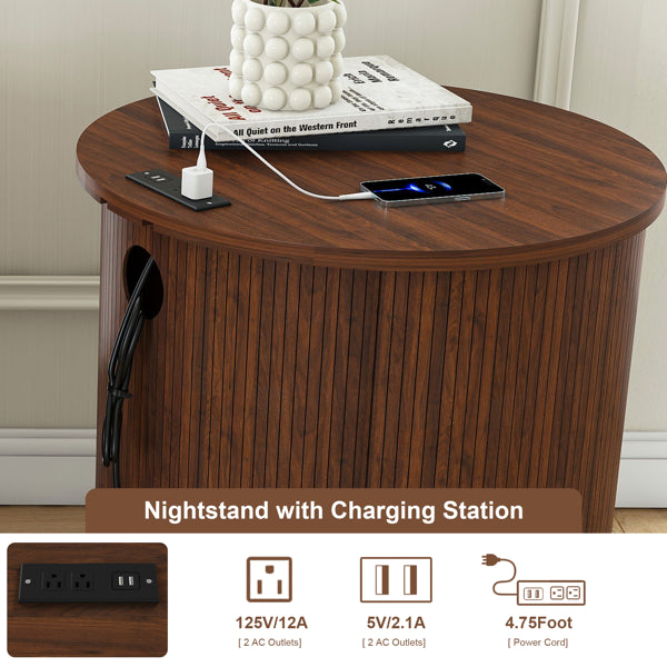 Mid Century Modern Cylinder End Tables with Charging Station - Set of 2