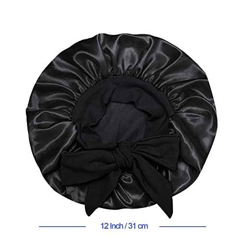Satin Silk Bonnet Hair Cap: 2pcs Bonnets for Kids with Elastic Tie Band Adjustable Straps for Sleeping Sleep Comfortable - Stretchy Tie Band Hair Bonnets No Slip-Off (Black-Rosegold-K)