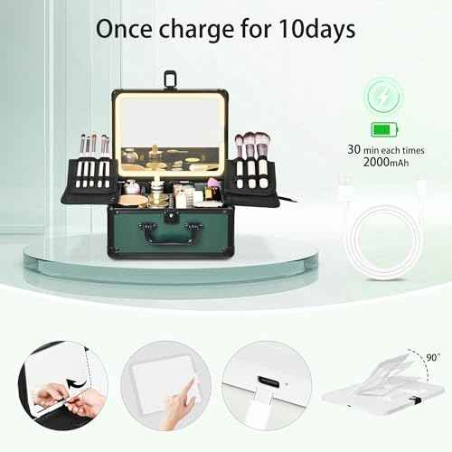 Makeup Case with Lighted Mirror, Makeup Box Organizer with Detachable LED Mirror, Travel Makeup Train Case, Waterproof Cosmetic Organizer, Standing Makeup Brush Holder, Gift, Black Green