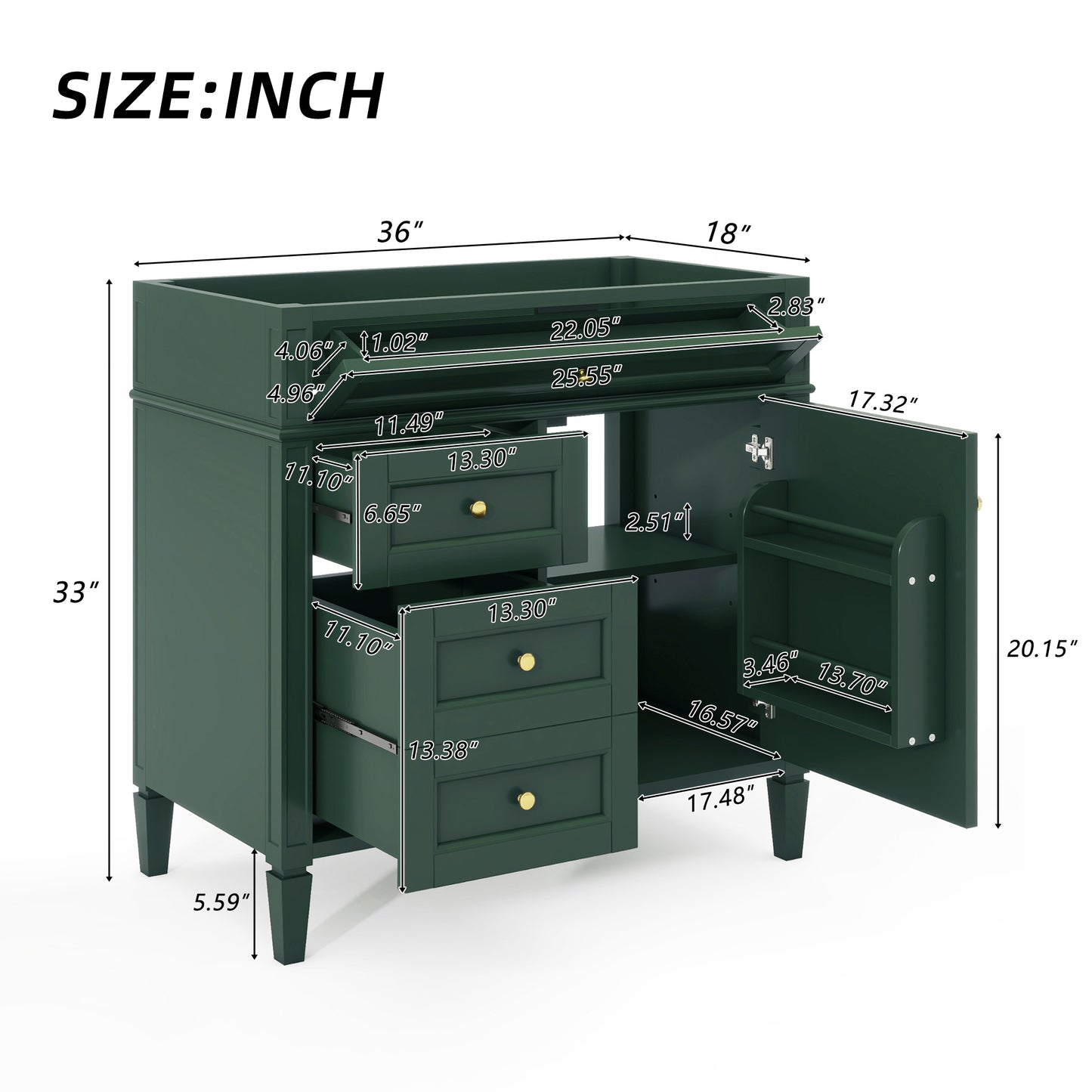 36'' Modern Bathroom Vanity Cabinet - Green, 3 Drawers